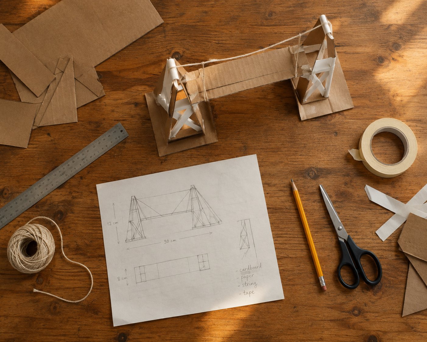 An overhead view of a wooden table in afternoon light. A model bridge made
                    of cardboard, paper, string and masking tape stands on two towers. Below it
                    a hand-drawn plan marks the span at thirty centimeters and the towers at
                    twelve, with the materials listed in pencil. A ruler, twine, scissors, a
                    pencil and offcuts lie around it.